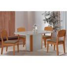 Conjunto: Mesa de Cozinha Pietá c/ Tampo Madeirado c/ Vidro Canto Curvo 120x80cm e 4 Cadeiras Havana Naturale/Off White - Suede Capuccino - Rufato