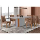 Conjunto: Mesa de Cozinha Pietá c/ Tampo Madeirado c/ Vidro Canto Curvo 180x90cm e 6 Cadeiras Dafne Naturale/Off White - Corano Capuccino - Rufato