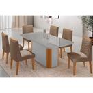 Conjunto: Mesa de Cozinha Pietá c/ Tampo Madeirado c/ Vidro Canto Curvo 180x90cm e 6 Cadeiras Maldivas Naturale/Off White - Suede Capuccino - Rufato