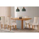 Conjunto: Mesa de Cozinha Pietá c/ Tampo Madeirado Canto Curvo 180x90cm e 6 Cadeiras Dakota Naturale/Off White - Suede Creme - Rufato