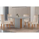 Conjunto: Mesa de Cozinha Pietá Tampo c/ Vidro Curvo 120cm+4 Cadeiras Dakota Madeira Naturale/Off White - Capuccino/Suede Creme - Rufato