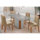 Conjunto: Mesa de Cozinha Pietá Tampo c/ Vidro Curvo 120cm+4 Cadeiras Maldivas Naturale/Off White - Linho Bege - Rufato