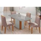 Conjunto: Mesa de Cozinha Pietá Tampo c/ Vidro Curvo 120cm+4 Cadeiras Maldivas Naturale/Off White - Linho Capuccino - Rufato