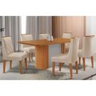 Conjunto: Mesa de Cozinha Pilar c/ Tampo Madeirado Canto Curvo 180x90cm e 6 Cadeiras Pietá Naturale/Off White - Linho Bege - Rufato