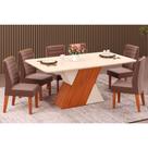 Conjunto: Mesa de Cozinha Rubi c/ Tampo Madeirado c/ Vidro 170x90cm e 6 Cadeiras Ondina Freijo/Off White/Off White - Suede Moca - DJ Móveis Conjunto: Mesa de Cozinha Rubi c/ Tampo Madeirado c/ Vidro 170x90cm e 6 Cadeiras Ondina Freijo/Off White/Off White - Suede Moca - DJ Móveis