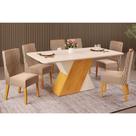 Conjunto: Mesa de Cozinha Rubi Tampo Madeirado c/ Vidro Curvo 170x90cm e 6 Cadeiras Jade Cedro/Off White/Off White - Suede Kraft - DJ Móveis
