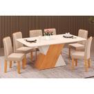 Conjunto: Mesa de Cozinha Rubi Tampo Madeirado c/ Vidro Curvo 170x90cm e 6 Cadeiras Zoe Cedro/Off White/Off White - Suede Creme - DJ Móveis Conjunto: Mesa de Cozinha Rubi Tampo Madeirado c/ Vidro Curvo 170x90cm e 6 Cadeiras Zoe Cedro/Off White/Off White - Suede Creme - DJ Móveis