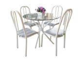 Conjunto Mesa de cozinha Sala de Jantar M-QUE redonda 90cm Vidro com 8mm + 4 cadeiras altas Top Branca com assento listrado Ultimas unds no valor