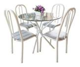 Conjunto Mesa de cozinha Sala de Jantar Monik redonda 90cm Vidro com 8mm + 4 cadeiras altas Top Branca com assento listrado Ultimas unds no valor