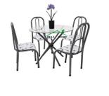 Conjunto Mesa de cozinha Sala de Jantar Munich redonda 90cm Vidro incolor de 8mm + 4 cadeiras Bx reforçadas cor Craqueada cinza assento de flores bran