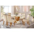 Conjunto: Mesa de Cozinha Solus Tampo Madeirado c/ Vidro Curvo 160x90cm e 6 Cadeiras Tauá Nature/Linho - Henn