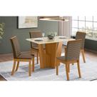 Conjunto: Mesa de Cozinha Vértice Tampo Madeirado c/ Vidro Canto Reto 120x80cm e 4 Cadeiras Isa Nature/Suede Light Bege - Henn