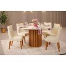 Conjunto: Mesa de Cozinha Viena c/ Tampo Madeirado c/ Vidro 136x136cm e 6 Cadeiras Bia Cedro/Off White - Linho Neve - DJ Móveis