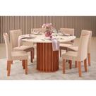 Conjunto: Mesa de Cozinha Viena Tampo Madeirado c/ Vidro 136cm e 6 Cadeiras Zoe Freijo/Off White - Suede Creme - DJ Móveis