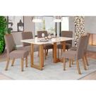 Conjunto: Mesa de Cozinha Yara c/ Tampo Madeirado c/ Vidro Curvo 160x90cm e 6 Cadeiras Malu Nature/Suede Light Marrom Amendoa - Henn