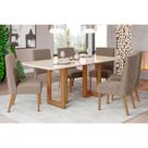 Conjunto: Mesa de Cozinha Yara c/ Tampo Madeirado c/ Vidro Curvo 200x90cm e 6 Cadeiras Eloa Nature/Suede Light Marrom Amêndoa - Henn