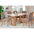 Conjunto: Mesa de Cozinha Yara c/ Tampo Madeirado c/ Vidro Reto 160x90cm e 6 Cadeiras Malu Nature/Suede Light Marrom Amendoa - Henn