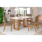 Conjunto: Mesa de Cozinha Yara SC79 Tampo Madeirado c/ Vidro Canto Curvo 160x90cm e 6 Cadeiras Milla Nature/Suede Light Marrom Amêndoa - Henn