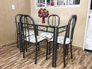 Conjunto Mesa de Jantar 1.20m x 0.75m tampo vidro 8mm Craqueada assento Flores brancas em aço + 4 cadeiras COZINHA