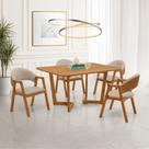 Conjunto Mesa de Jantar 1,20m Amadeirada com 4 Cadeiras em Linho Bege com Caramelo e Base de Madeira Linha Evo