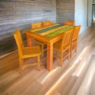 Conjunto Mesa de Jantar 1,5m x 90cm com 6 Cadeiras Madeira de Demolição Peroba Rosa com Patina.