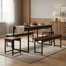 Conjunto Mesa de Jantar com 2 Bancos e 2 Banquetas Estilo Industrial Aço e Active Nogal Yescasa
