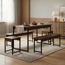 Conjunto Mesa de Jantar com 2 Bancos e 2 Banquetas Estilo Industrial Aço e Active Nogal Yescasa