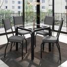 Conjunto Mesa de Jantar com 4 Cadeiras 258 Malva Tampo Vidro Incolor 75cm SF Preto Assento Platina - Combo Stock