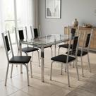 Conjunto Mesa de Jantar com Vidro Reno e 6 Cadeiras Estofadas Florença Cromado/Preto Conjunto Mesa de Jantar com Vidro Reno e 6 Cadeiras Estofadas Florença Cromado/Preto