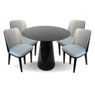 Conjunto Mesa de Jantar Cone 110 cm Laca Preta com 4 Cadeiras Londres Revestida em Tecido Linho e material sintético