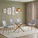 Conjunto Mesa de Jantar Lara 160cm Vidro 10mm Base Aço Carbono Bronze com 4 Cadeiras Linho - Cinza Conjunto Mesa de Jantar Lara 160cm Vidro 10mm Base Aço Carbono Bronze com 4 Cadeiras Linho - Cinza