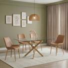 Conjunto Mesa de Jantar Lara 160cm Vidro 10mm Base Aço Carbono Bronze com 4 Cadeiras Pu - Caramelo Conjunto Mesa de Jantar Lara 160cm Vidro 10mm Base Aço Carbono Bronze com 4 Cadeiras Pu - Caramelo