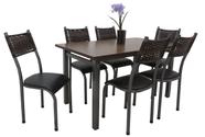 CONJUNTO MESA DE JANTAR LIS. 1.40m AÇO CINZA CADEIRAS JUNCO TAMPO MADEIRA PROMO