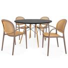 Conjunto Mesa de Jantar Redonda Eiffel Preta 120cm com 4 Cadeiras Roma com Braço - Marrom Claro Conjunto Mesa de Jantar Redonda Eiffel Preta 120cm com 4 Cadeiras Roma com Braço - Marrom Claro