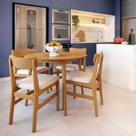 Conjunto Mesa de Jantar Redonda Madeira Maciça com 4 Cadeiras Estofadas Olmo Mel Bege Conjunto Mesa de Jantar Redonda Madeira Maciça com 4 Cadeiras Estofadas Olmo Mel Bege
