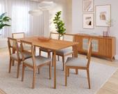 Conjunto Mesa de Jantar Vitória Madeira Maciça 160x80 Tampo Laminado 6 Cadeiras Guarapari Tela Estofado Linho