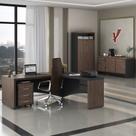 Conjunto Mesa Diretor, Armário com Nicho, Balcão com Gavetas, Gaveteiro e Módulo Cor Charuto com Preto.