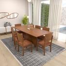 Conjunto Mesa Dubai Laminada 220x90cm + 8 Cadeiras Quéops - Amêndoa Assento Estofado Corano Marrom Mescla