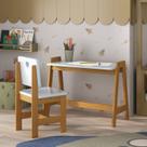 Conjunto Mesa Escrivaninha + 1 Cadeira Infantil Sofia Azul/ Mel Madeira Maciça e Mdf