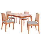 Conjunto Mesa Ficus 1,30 com 4 Cadeiras Buriti MDF e Conforto Madeira/Off White/Linho Cinza
