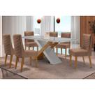 Conjunto Mesa Imperatriz c/ Tampo Madeirado c/ Vidro Canto Curvo 180X90cm e 6 Cadeiras Dafne Naturale/Off White - Corano Capuccino-Rufato