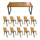 Conjunto Mesa Industrial Bernardo Madeira Maciça 2,50mx100cm C/ Ferragem Preta e 10 Cadeiras Detroit