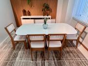 Conjunto Mesa Jantar Oval 6 Cadeiras Tela Freijó Bege 100 MDF Design Moderno
