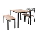 Conjunto mesa jogo sala jantar ciplafe flex com 1 banco mega e 2 cadeiras jade tubo preto fosco tampo madeira bp carvalho montreal 1,10m x 0,72m