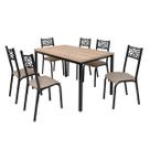 Conjunto mesa jogo sala jantar ciplafe jade flex 6 cadeiras tubo preto fosco tampo madeira bp amendoa 1,36m x 0,80m assento estofado