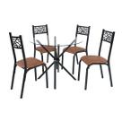 Conjunto mesa jogo sala jantar ciplafe jade slim 4 cadeiras preto fosco tampo vidro 0,90m assento estofado caramelo