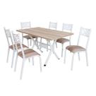 Conjunto mesa jogo sala jantar ciplafe jade tampo madeira bp carvalho montreal 1,36m x 0,80m retangular com 6 cadeiras tubo branco assento estofado