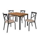 Conjunto mesa jogo sala jantar ciplafe karina flex 4 cadeiras preto fosco tampo bp amendoa 1,10m assento linho bege