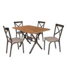 Conjunto Mesa Jogo Sala Jantar Ciplafe Karina x 4 Cadeiras Tubo Bronze Tampo Madeira bp Amendoa 1,20m Assento Estofado