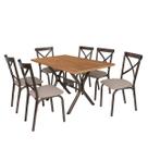 Conjunto Mesa Jogo Sala Jantar Ciplafe Karina x 6 Cadeiras Tubo Branco Tampo Madeira bp Amendoa 1,36m Assento Estofado